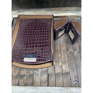 DIVOGA Faux Croc Desk Organizer Set Letter Tray & Hinged Pencil Cup Plum Brown